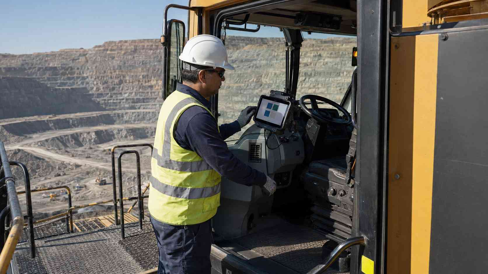 Stationary haul truck rugged tablet mount and sunlight readability test at an open-pit mine