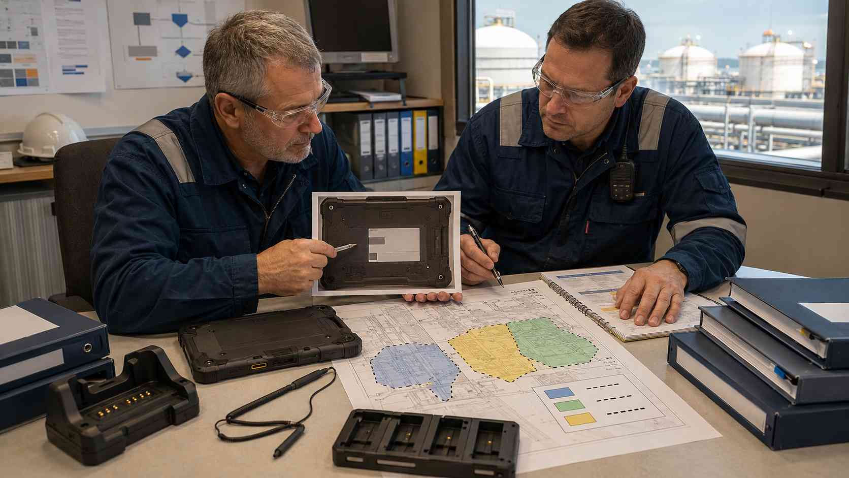LNG safety engineers reviewing rugged tablet certification and approved accessories