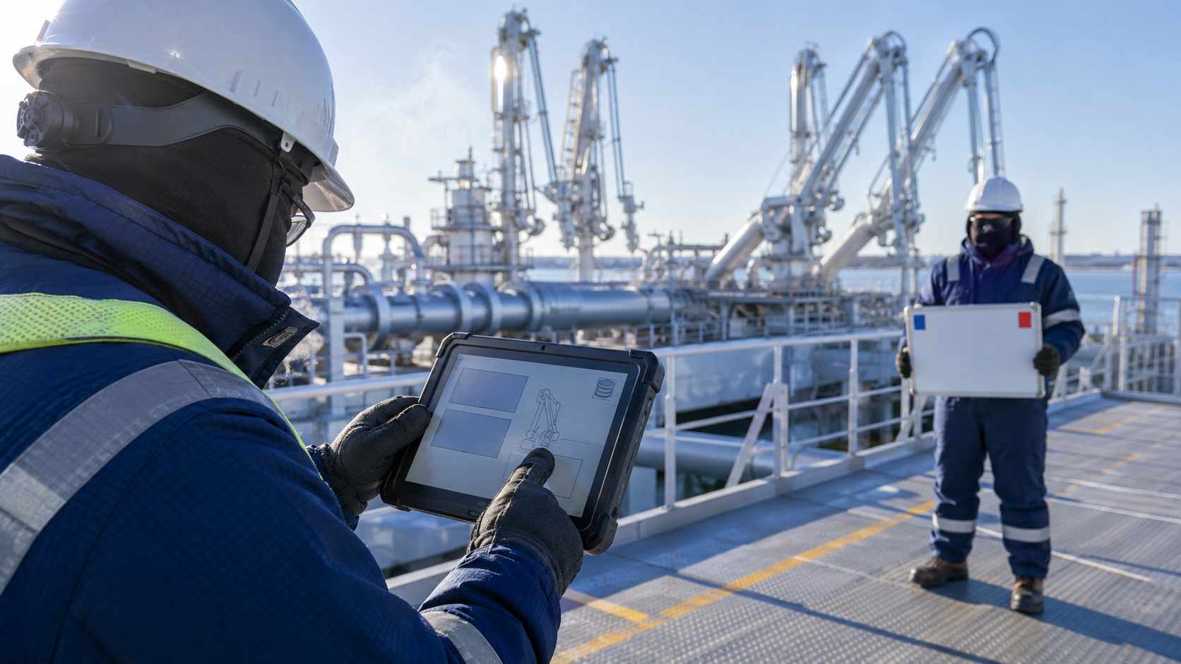 Cold-weather glove and offline workflow test for a rugged tablet at an LNG terminal