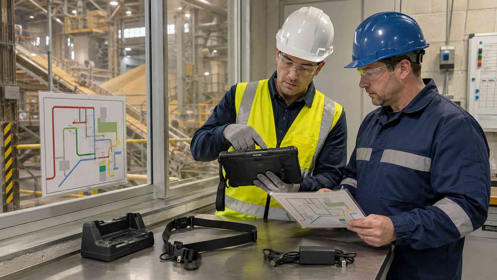 Safety team reviewing a rugged tablet for Zone 21 and Zone 22 grain handling areas