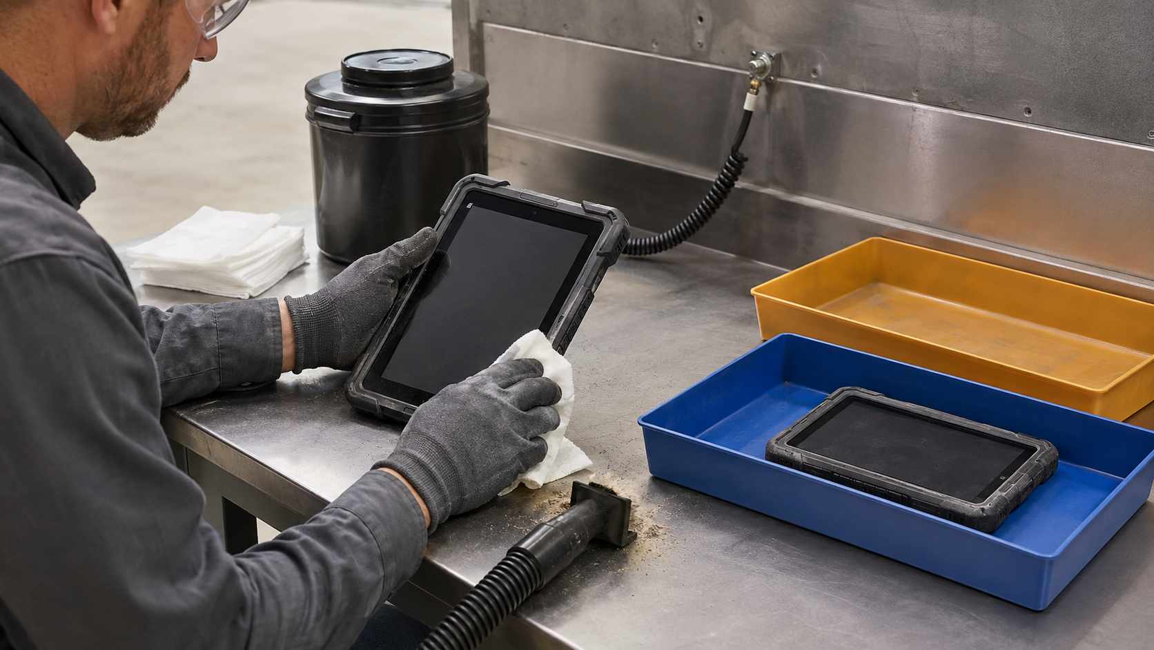 Controlled cleaning and release process for a grain elevator rugged tablet