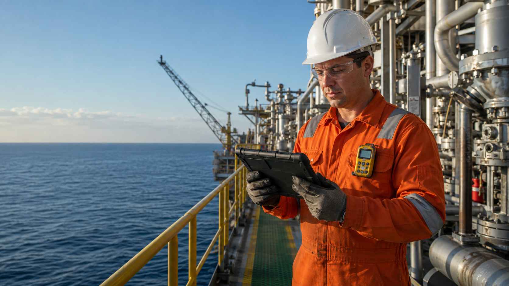 FPSO safety and IT team reviewing a rugged tablet configuration and approved accessories