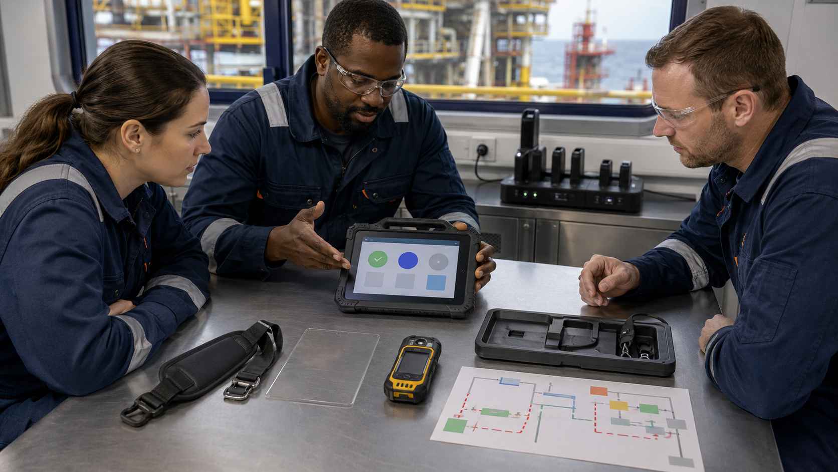 Wet-glove and offline workflow test for a rugged tablet on an FPSO deck