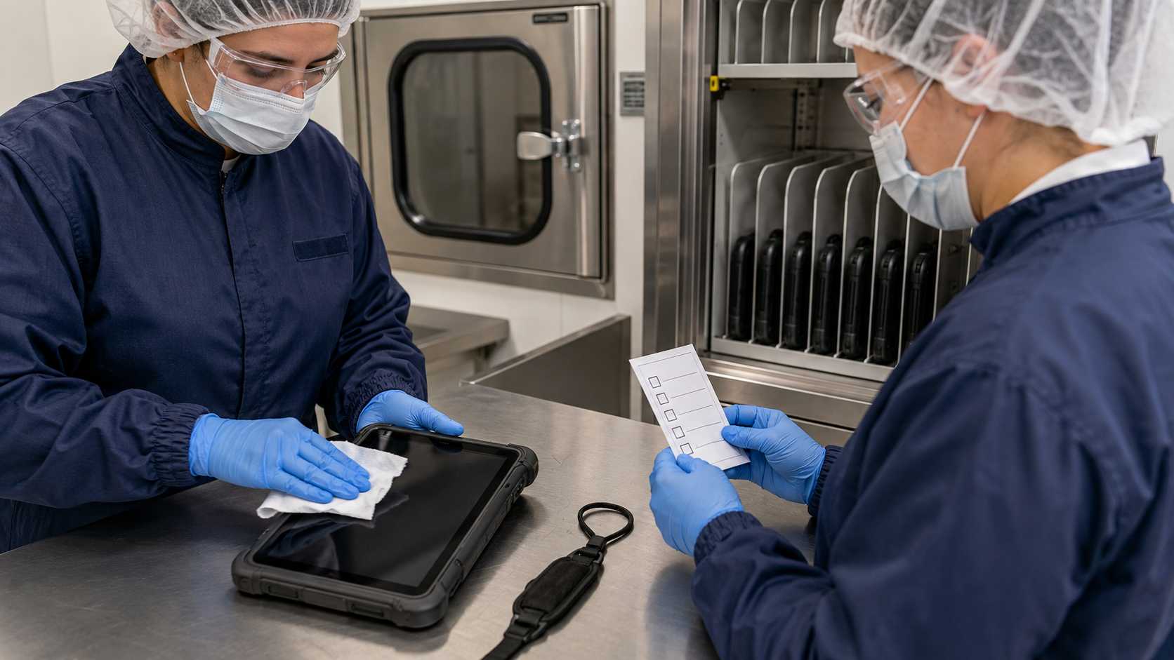 Production and quality personnel testing electronic batch record exceptions on rugged tablets
