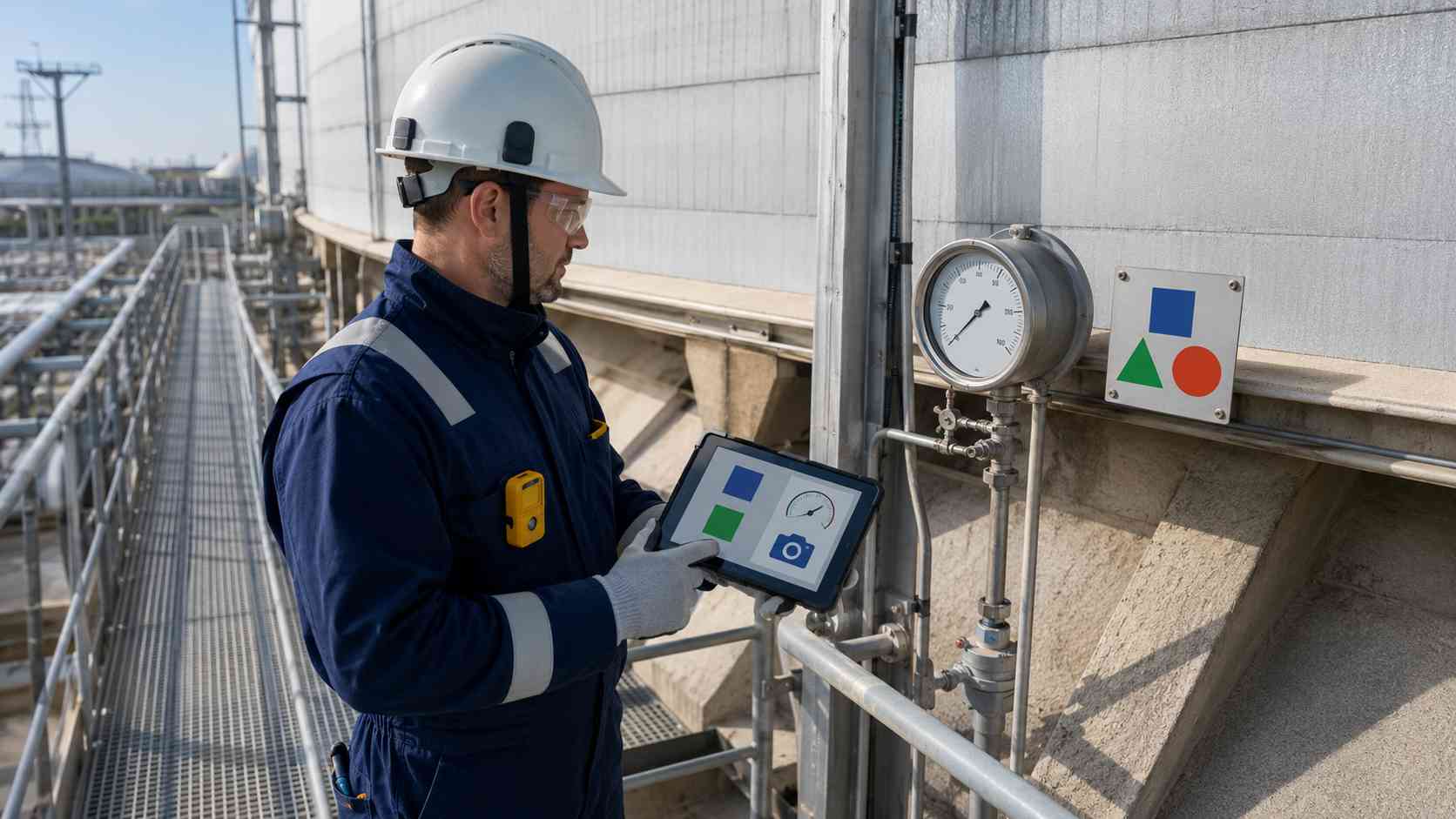 Operator verifying an LNG tank inspection point and recording a local gauge reading