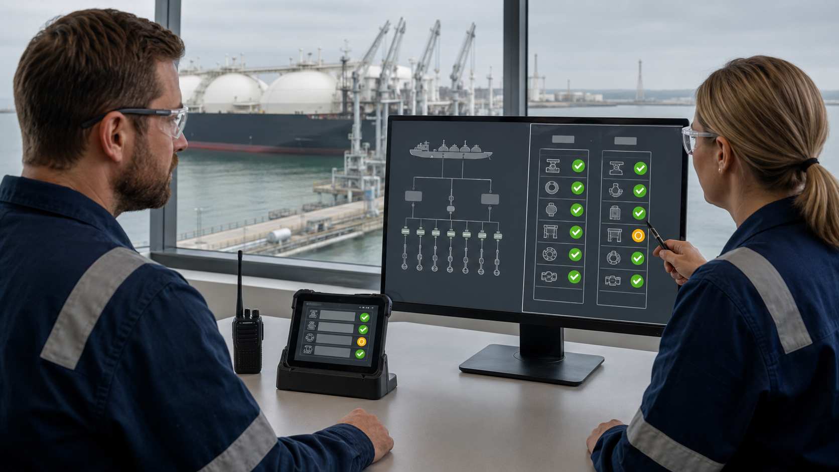 LNG terminal team reconciling loading checklist and maintenance records in a control room