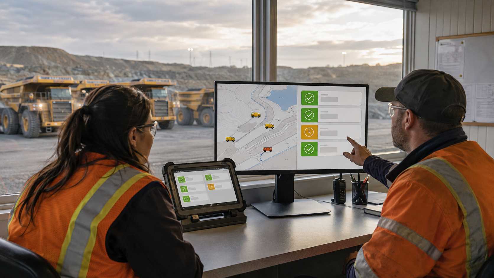 Mine inspector verifying haul truck identity and recording an out-of-service defect