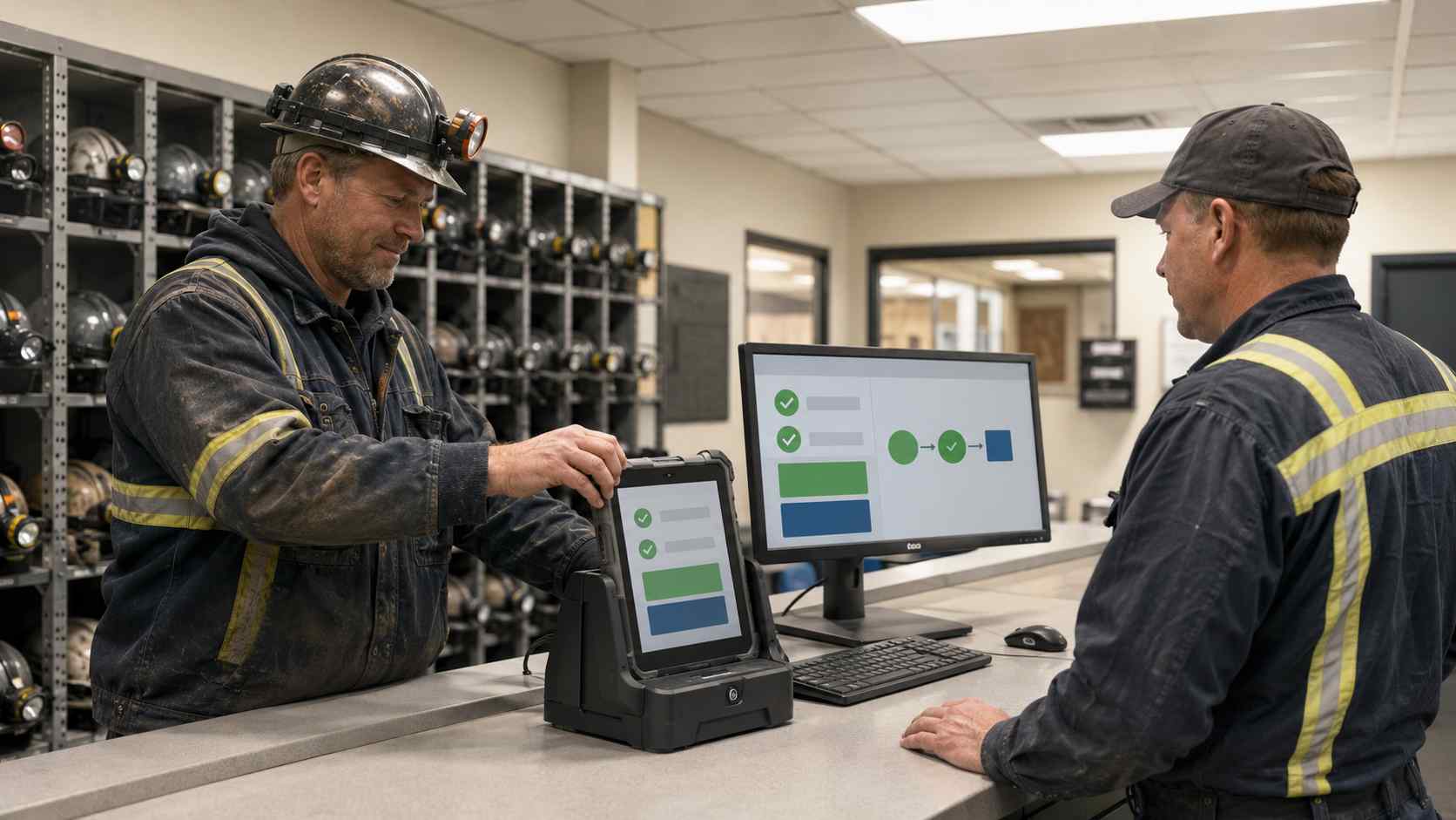Mine examiner recording an approved instrument reading on an underground inspection tablet