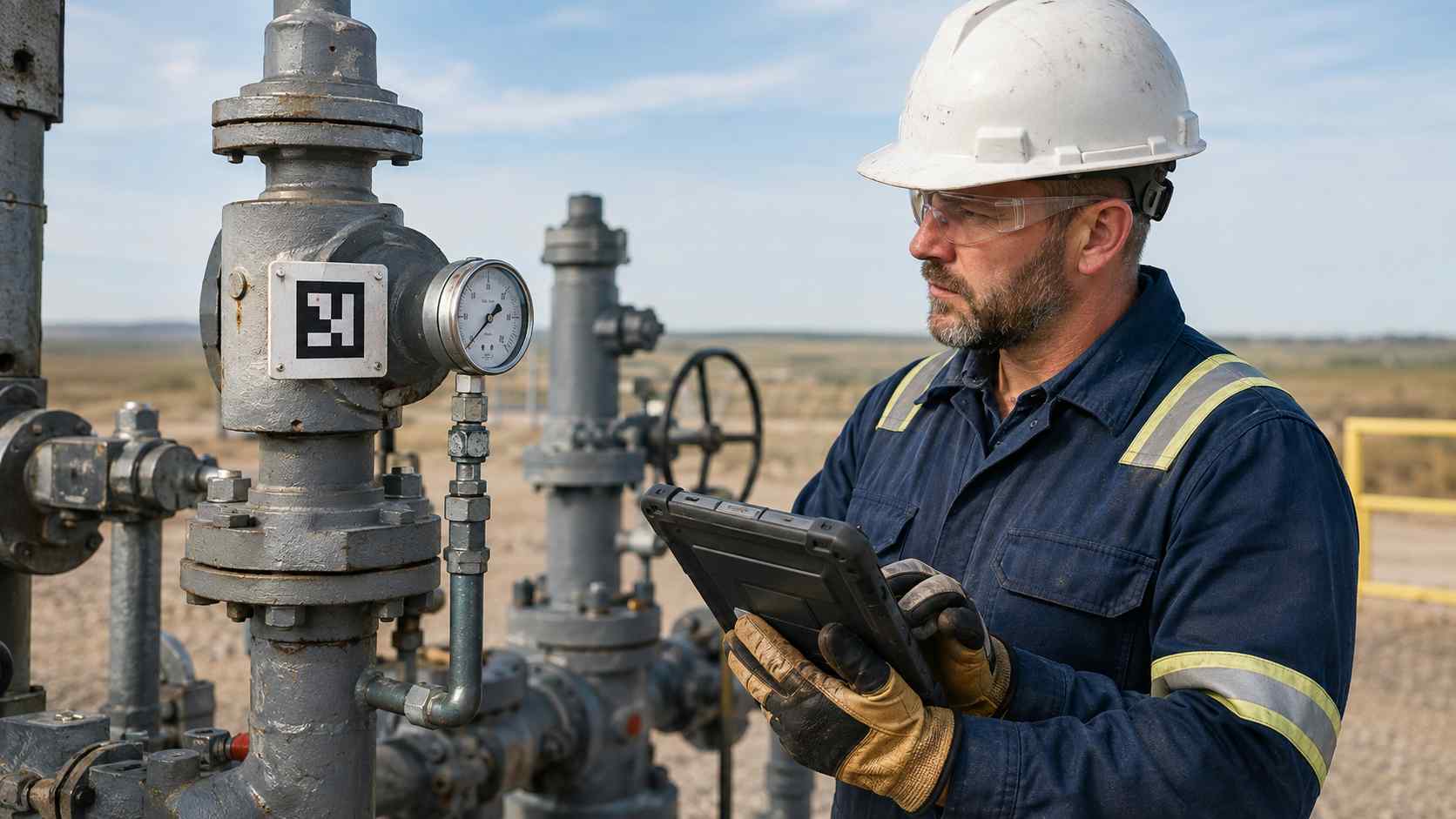 Oilfield technician recording a local gauge reading on a rugged tablet