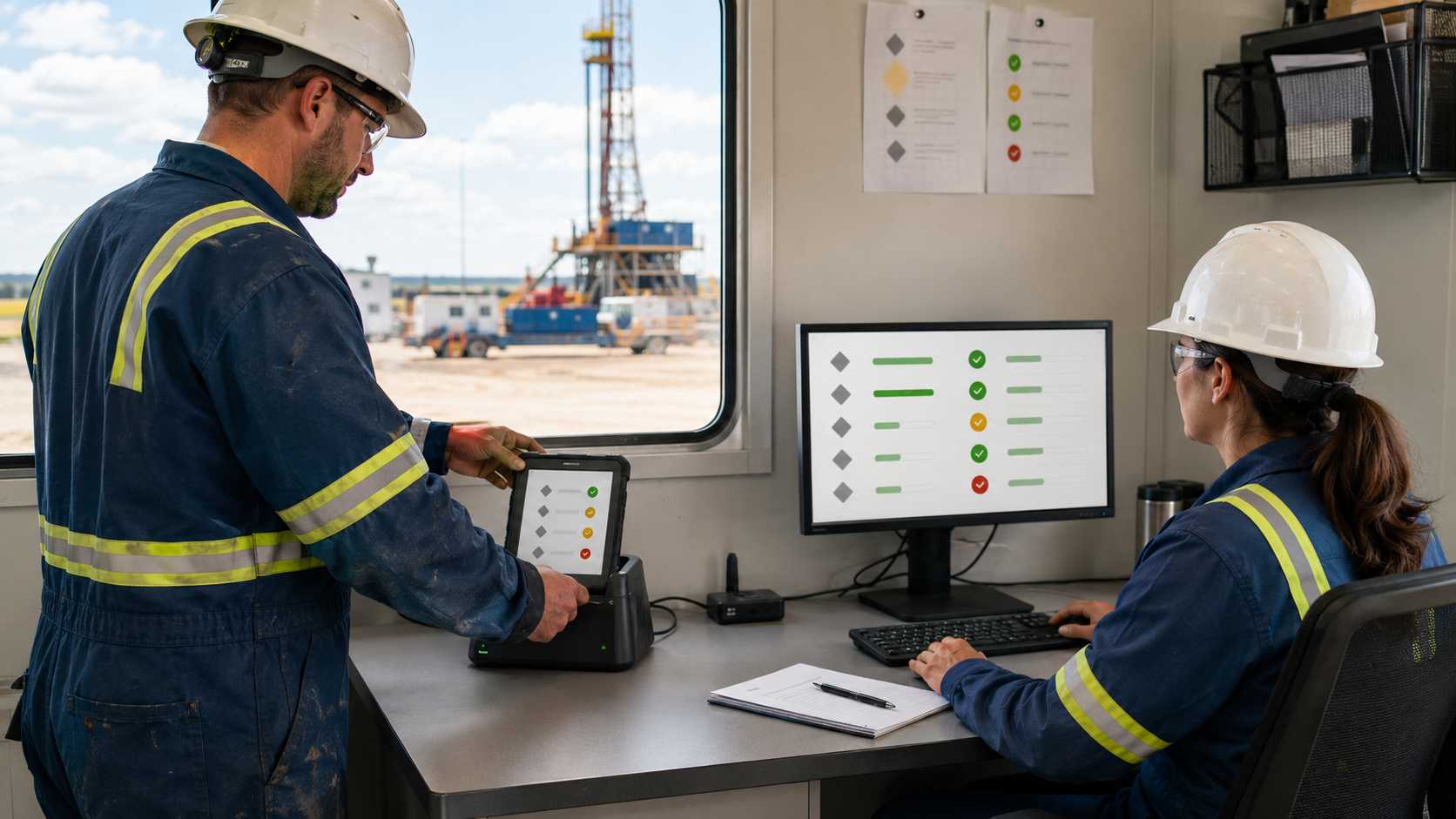 Wellsite team reconciling offline tablet records at a safe synchronization station