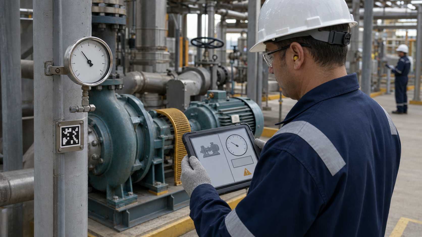 Refinery operator recording a local gauge reading against an equipment asset code