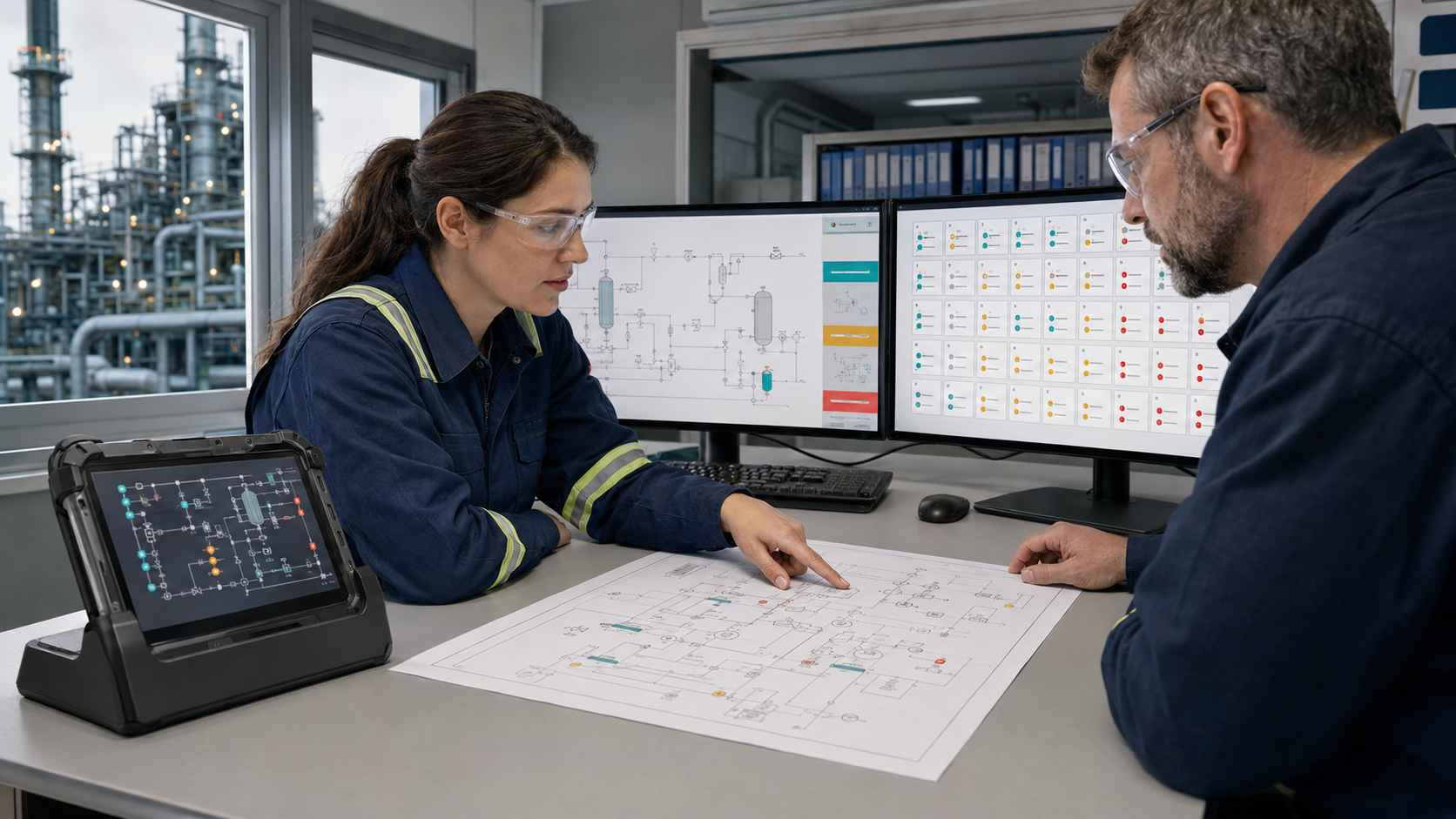 Engineers reviewing controlled P&ID revisions and offline inspection synchronization