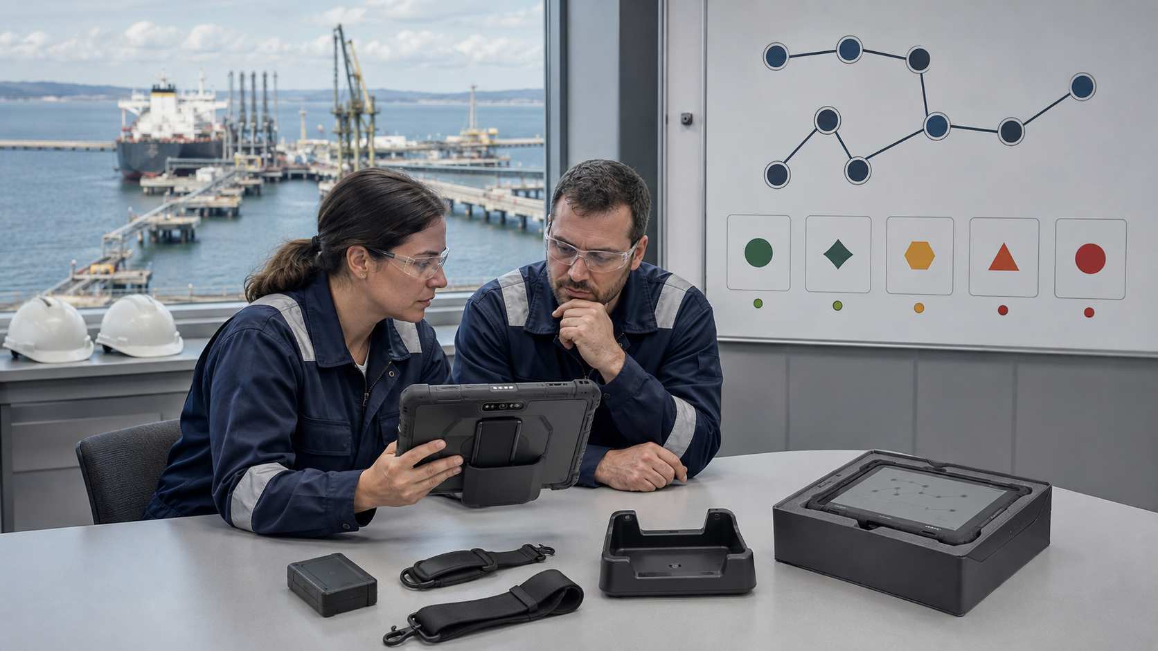 Marine terminal engineers reviewing rugged tablet accessories and transfer-state routes