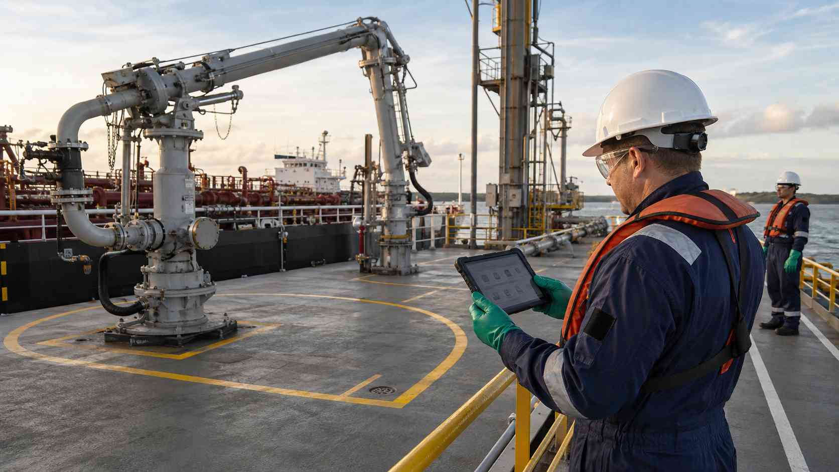 Technician documenting an isolated loading arm with a rugged tablet on an oil jetty
