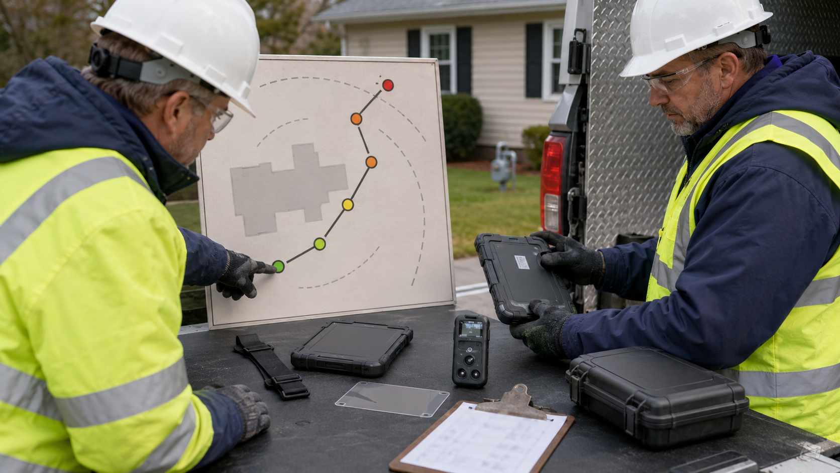 Gas utility engineers reviewing a seven-point response route and rugged tablet configuration