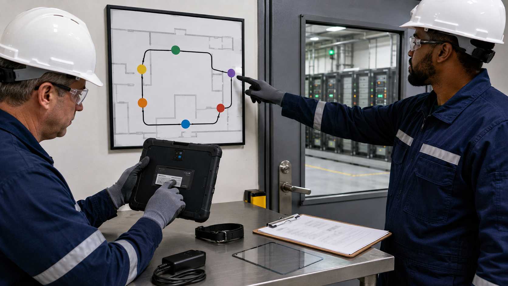 Engineers reviewing a rugged tablet and six-point battery room inspection route