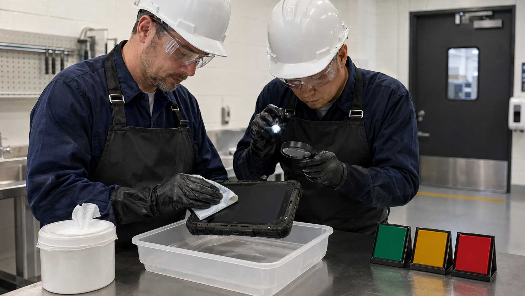 Cleaning and inspecting a rugged tablet before battery room re-release