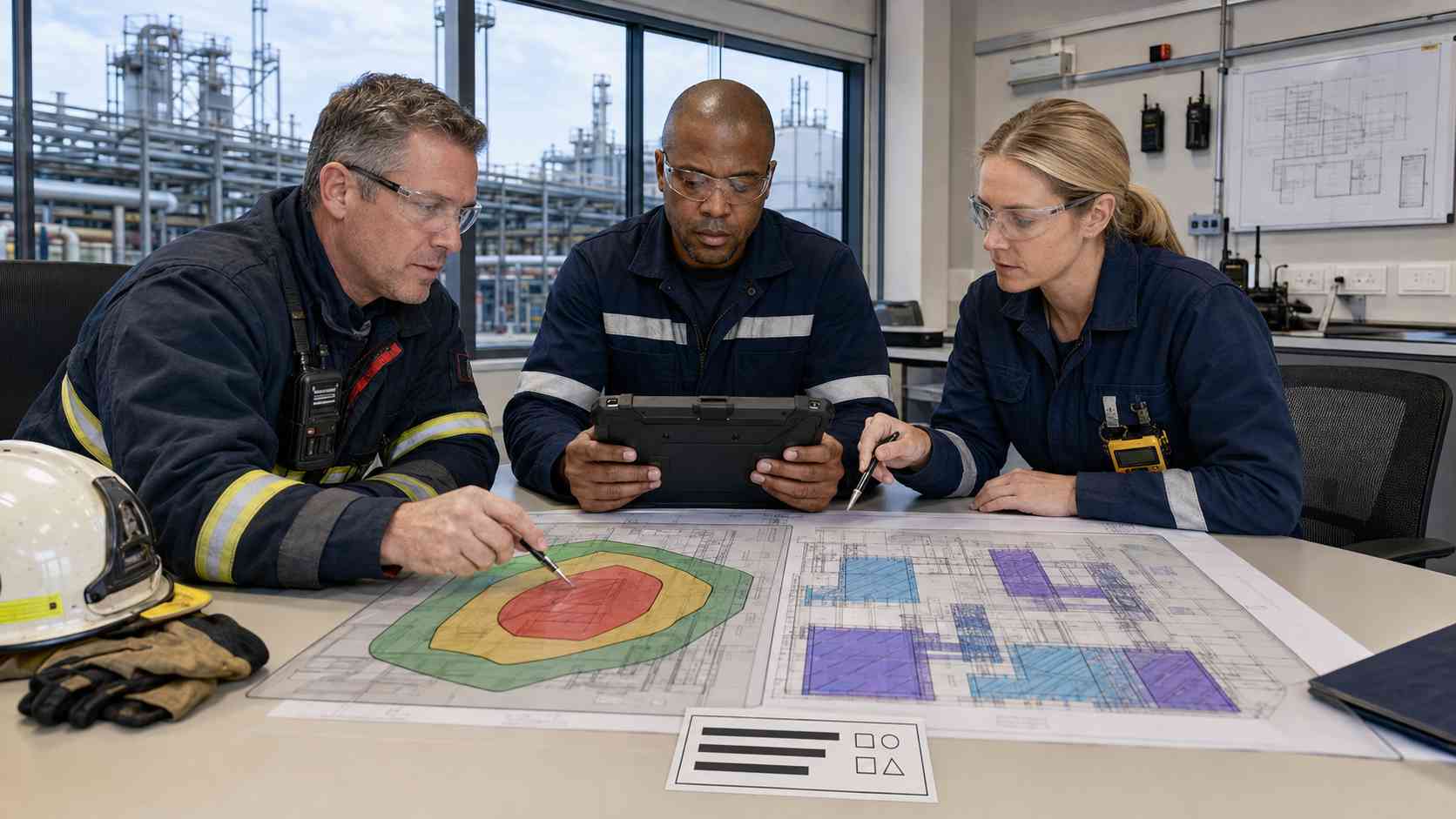 Emergency response team comparing operational control zones with fixed hazardous-area classifications