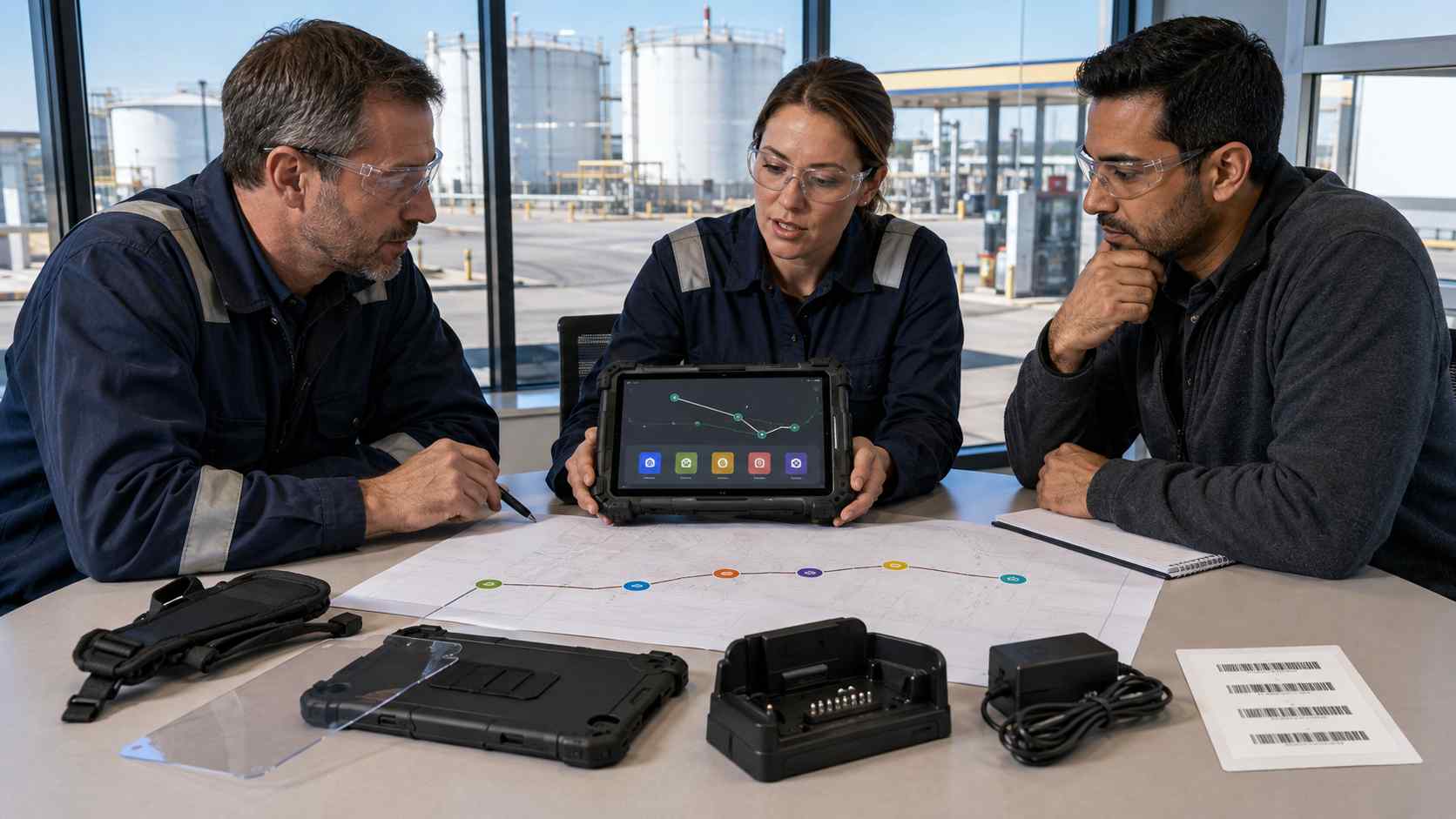 Fuel terminal team reviewing a rugged tablet, approved accessories and seven-location work route